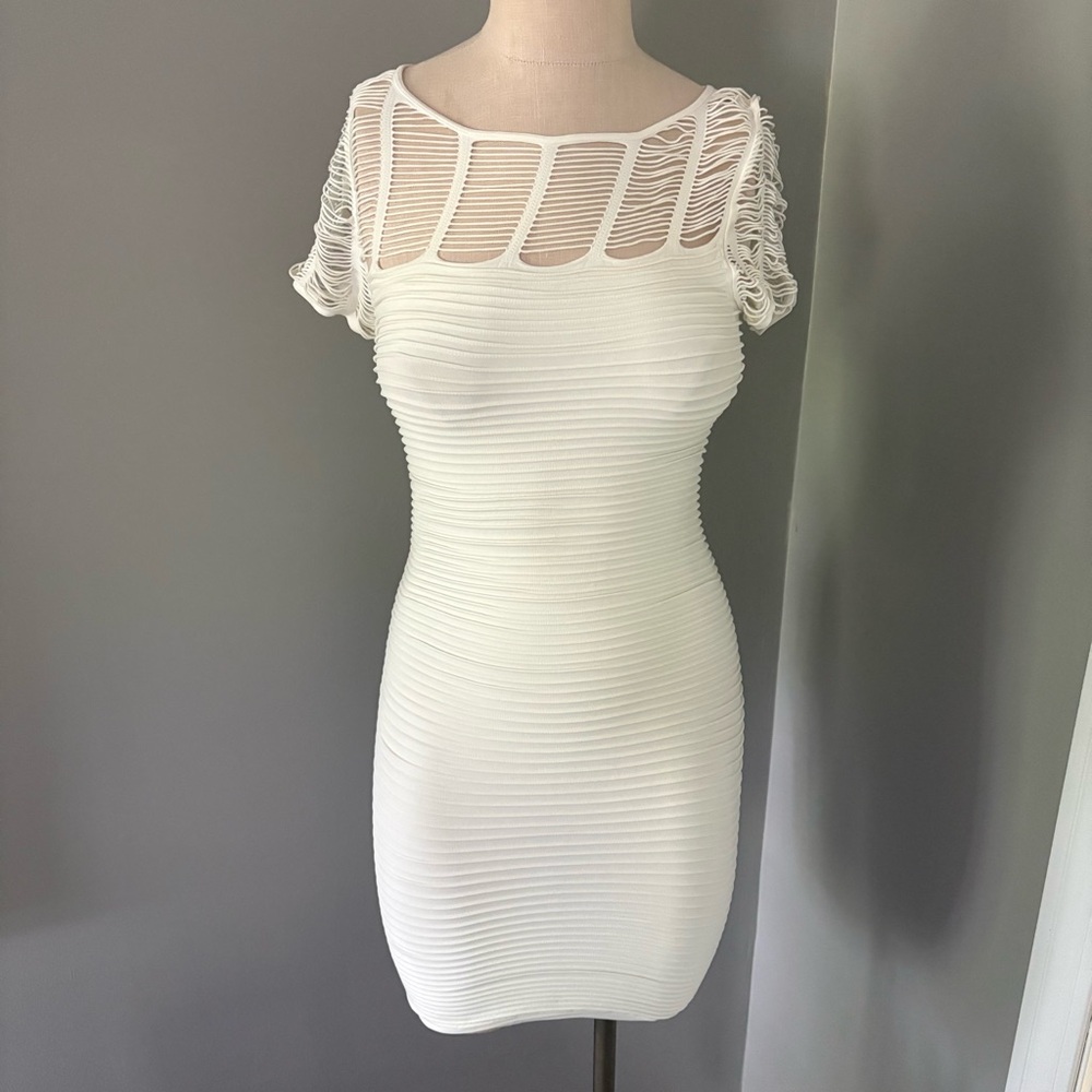 Bebe White Short Sleeve Mini Dress Ribbed Bodycon Lattice Neckline M/L NEW